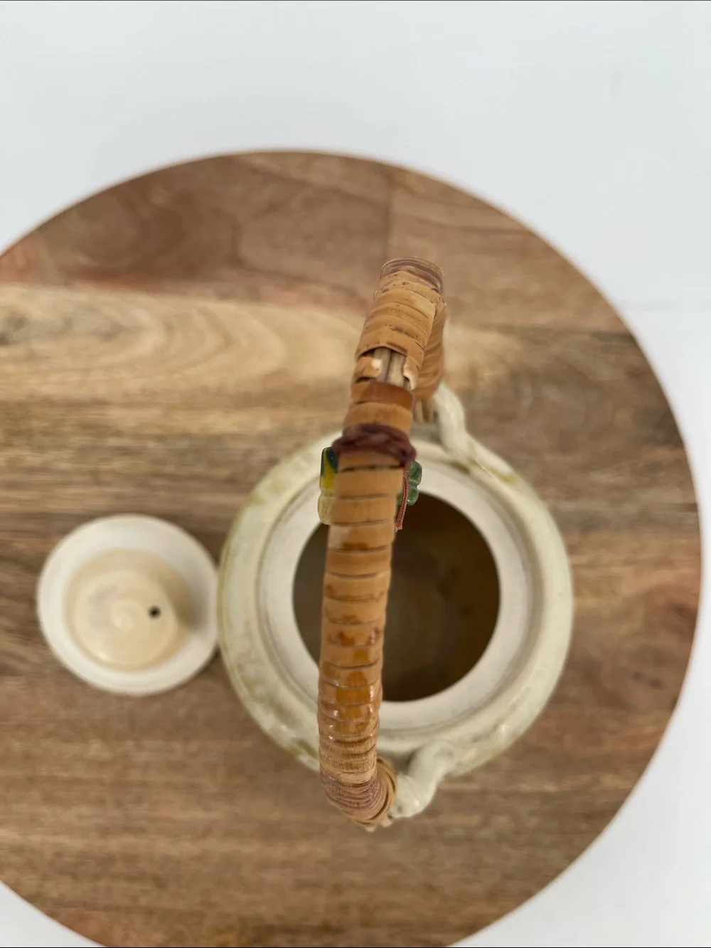 Vintage Handcrafted Japanese Ceramic Teapot with Woven Handle —Cup Charms